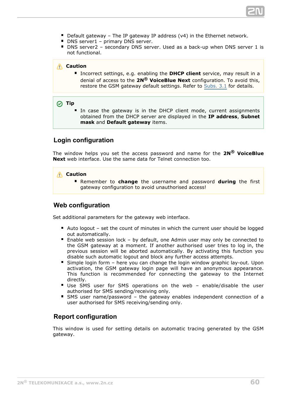 Login configuration, Web configuration, Report configuration | 2N VoiceBlue Next v3.6 User Manual | Page 60 / 110
