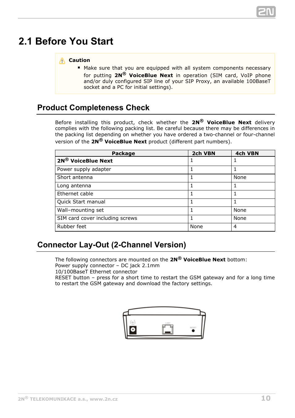 1 before you start, Product completeness check, Connector lay-out (2-channel version) | 2N VoiceBlue Next v3.5 User Manual | Page 10 / 108