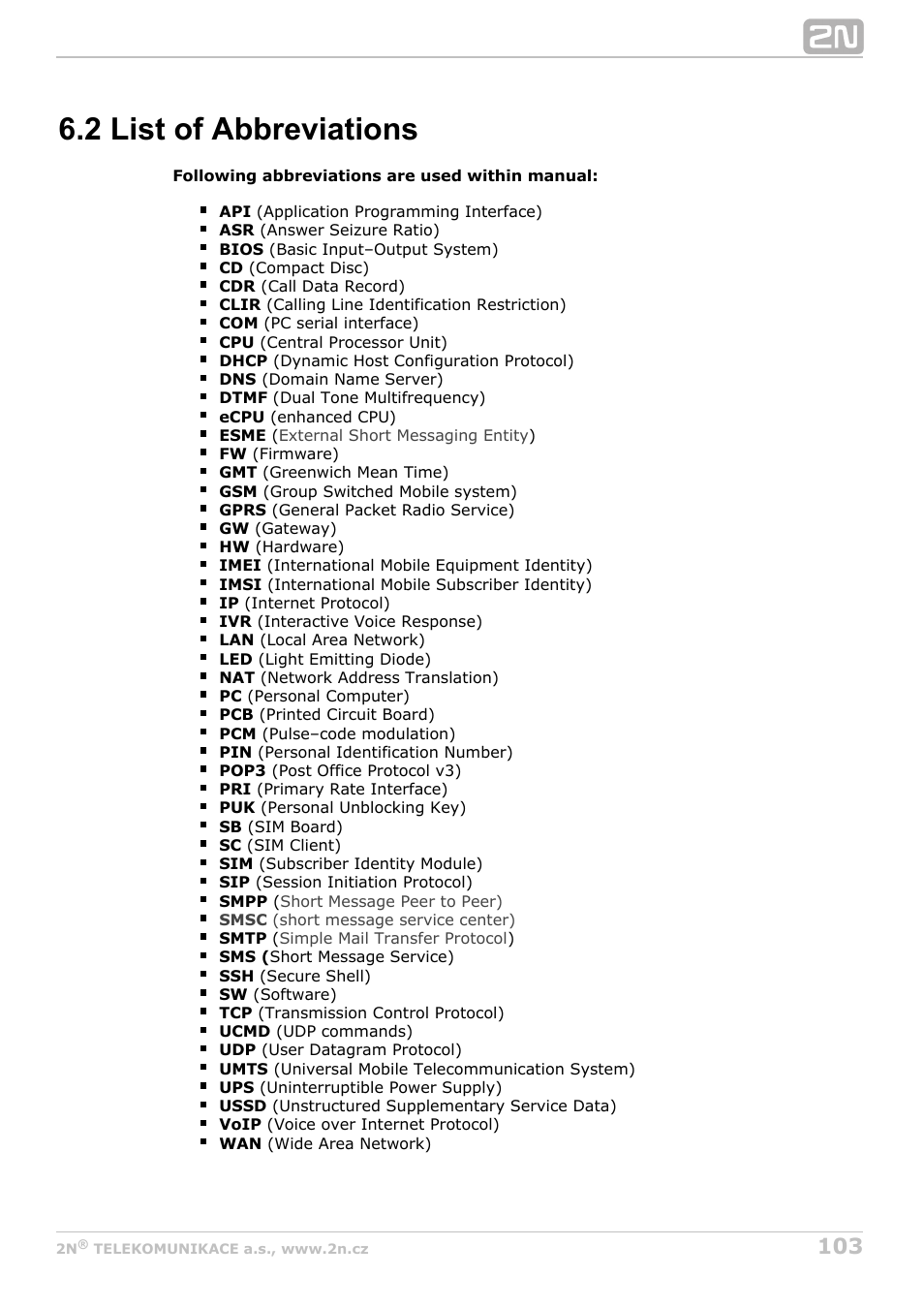 2 list of abbreviations | 2N VoiceBlue Next v3.5 User Manual | Page 103 / 108