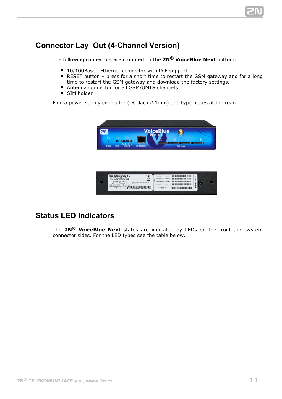 Connector lay–out (4-channel version), Status led indicators | 2N VoiceBlue Next v3.5 User Manual | Page 11 / 108