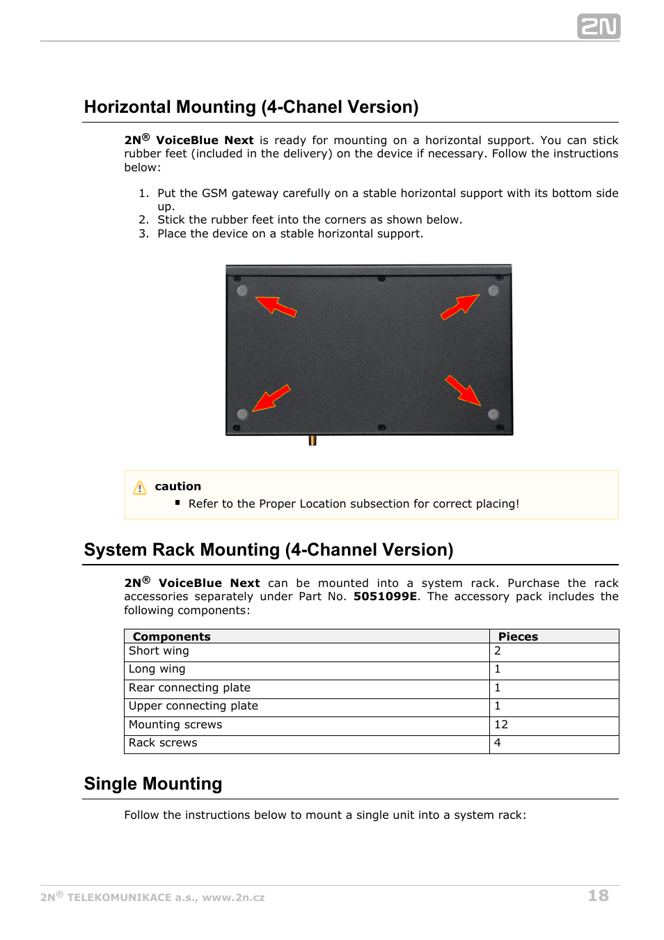 Horizontal mounting (4-chanel version), System rack mounting (4-channel version), Single mounting | 2N VoiceBlue Next v3.5 User Manual | Page 18 / 108
