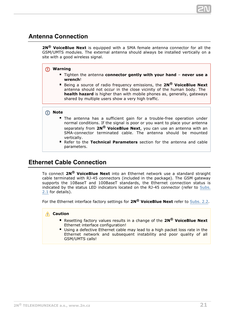 Antenna connection, Ethernet cable connection | 2N VoiceBlue Next v3.5 User Manual | Page 21 / 108