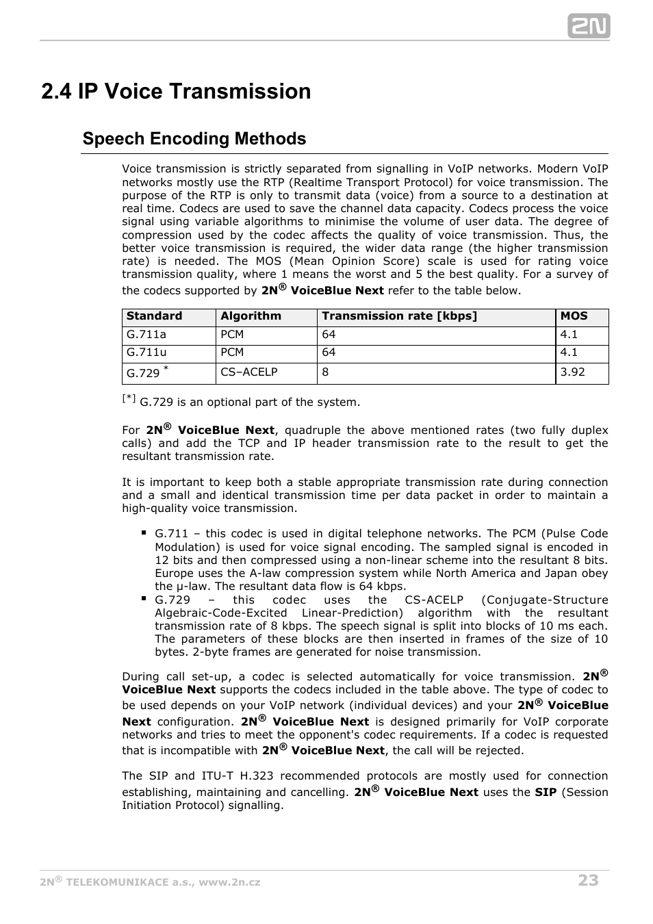 4 ip voice transmission, Speech encoding methods | 2N VoiceBlue Next v3.5 User Manual | Page 23 / 108