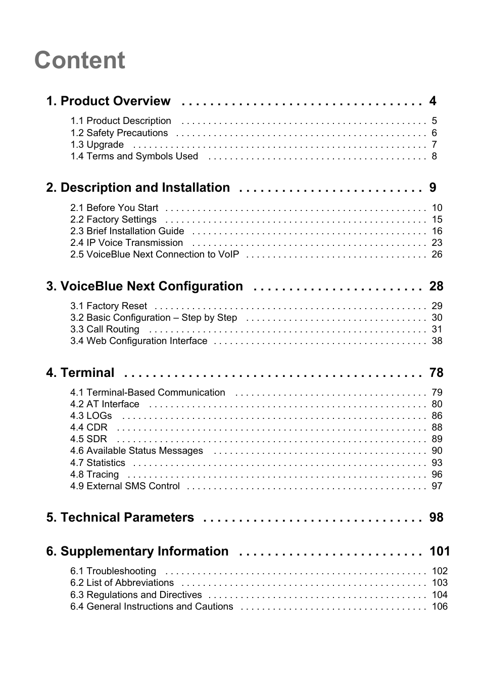 Content, Product overview, Description and installation | Voiceblue next configuration, Terminal, Technical parameters 6. supplementary information | 2N VoiceBlue Next v3.5 User Manual | Page 3 / 108