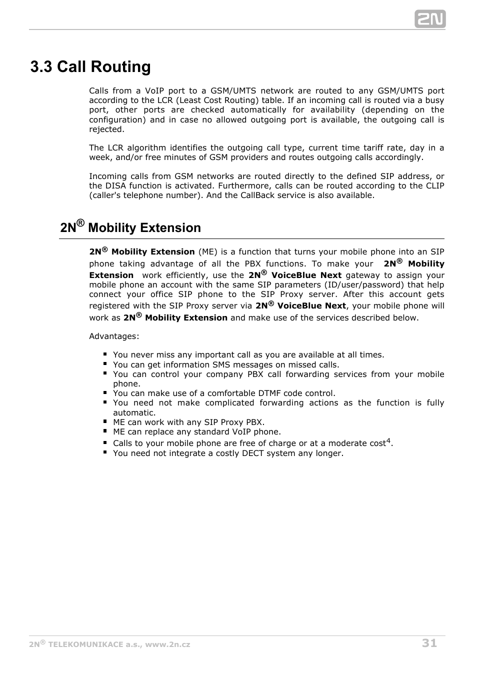 3 call routing, 2n mobility extension | 2N VoiceBlue Next v3.5 User Manual | Page 31 / 108