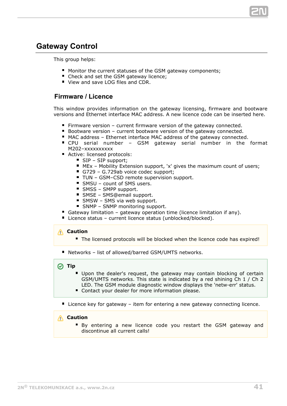 Gateway control, Firmware / licence | 2N VoiceBlue Next v3.5 User Manual | Page 41 / 108