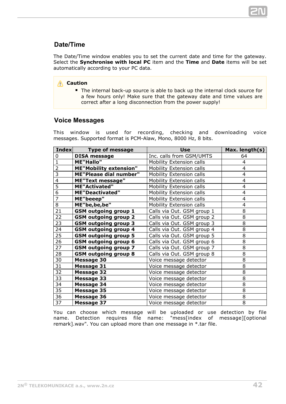 Date/time, Voice messages | 2N VoiceBlue Next v3.5 User Manual | Page 42 / 108