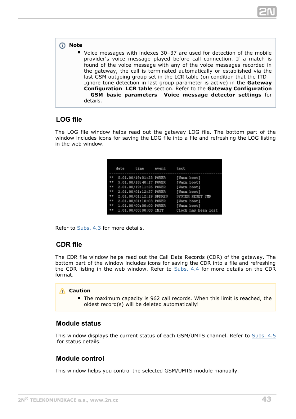 Log file, Cdr file, Module status | Module control | 2N VoiceBlue Next v3.5 User Manual | Page 43 / 108