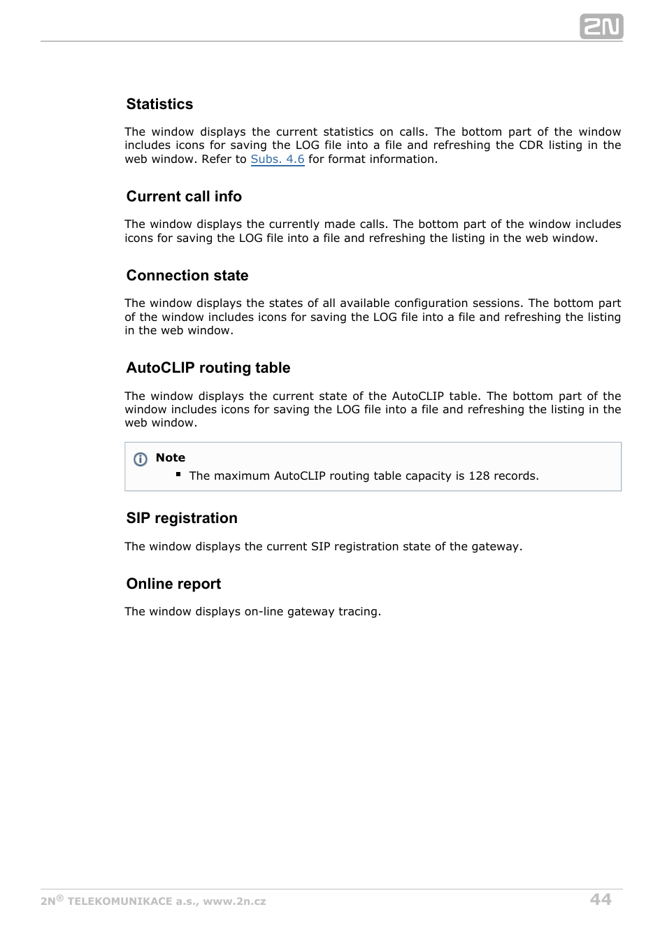 Statistics, Current call info, Connection state | Autoclip routing table, Sip registration, Online report | 2N VoiceBlue Next v3.5 User Manual | Page 44 / 108