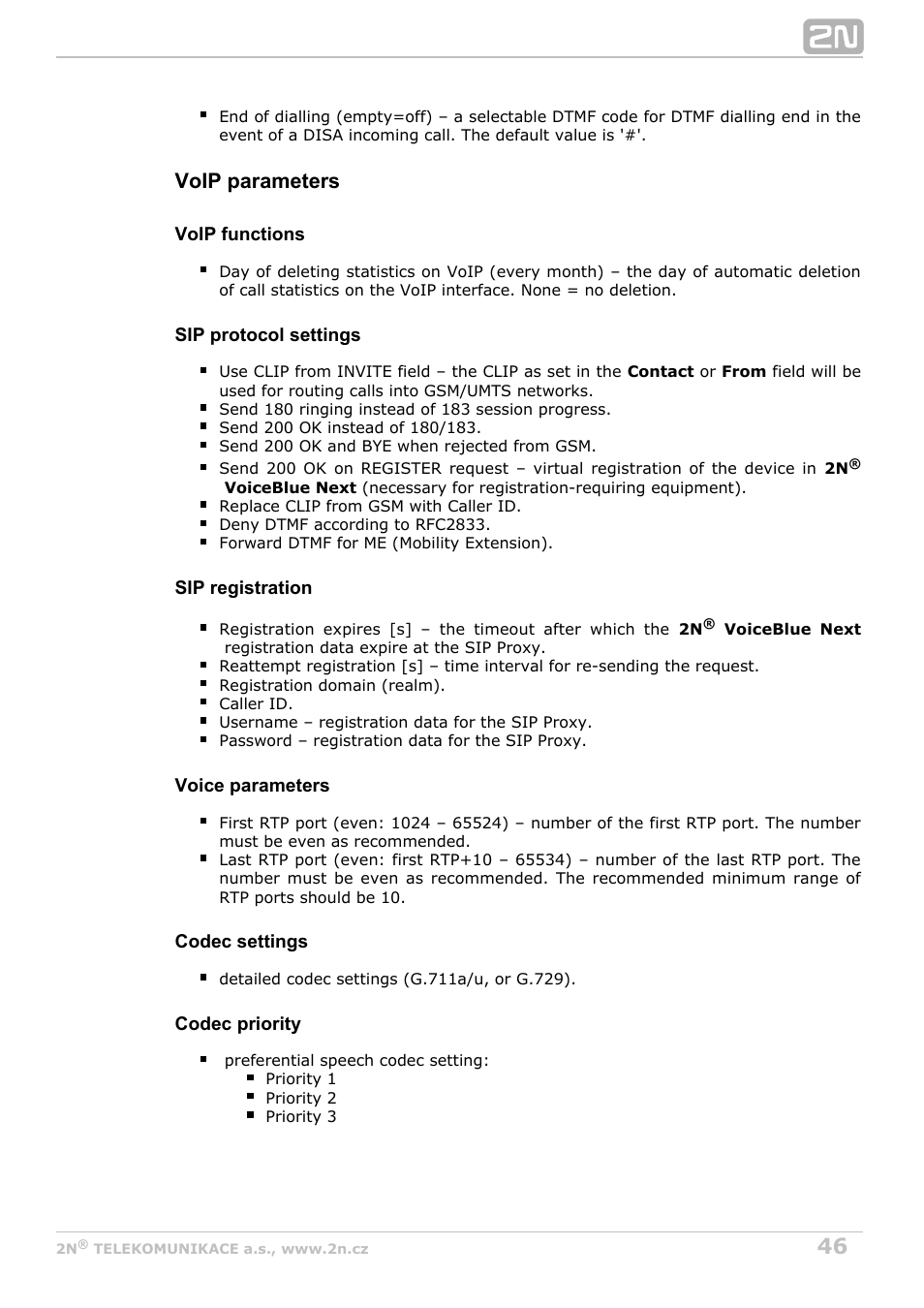 Voip parameters | 2N VoiceBlue Next v3.5 User Manual | Page 46 / 108