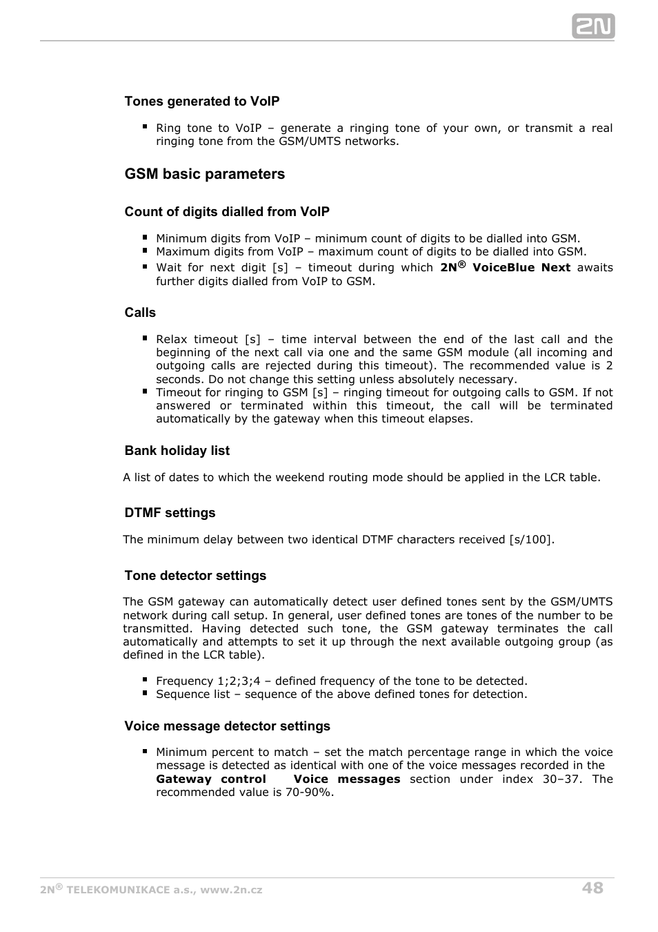 Gsm basic parameters | 2N VoiceBlue Next v3.5 User Manual | Page 48 / 108