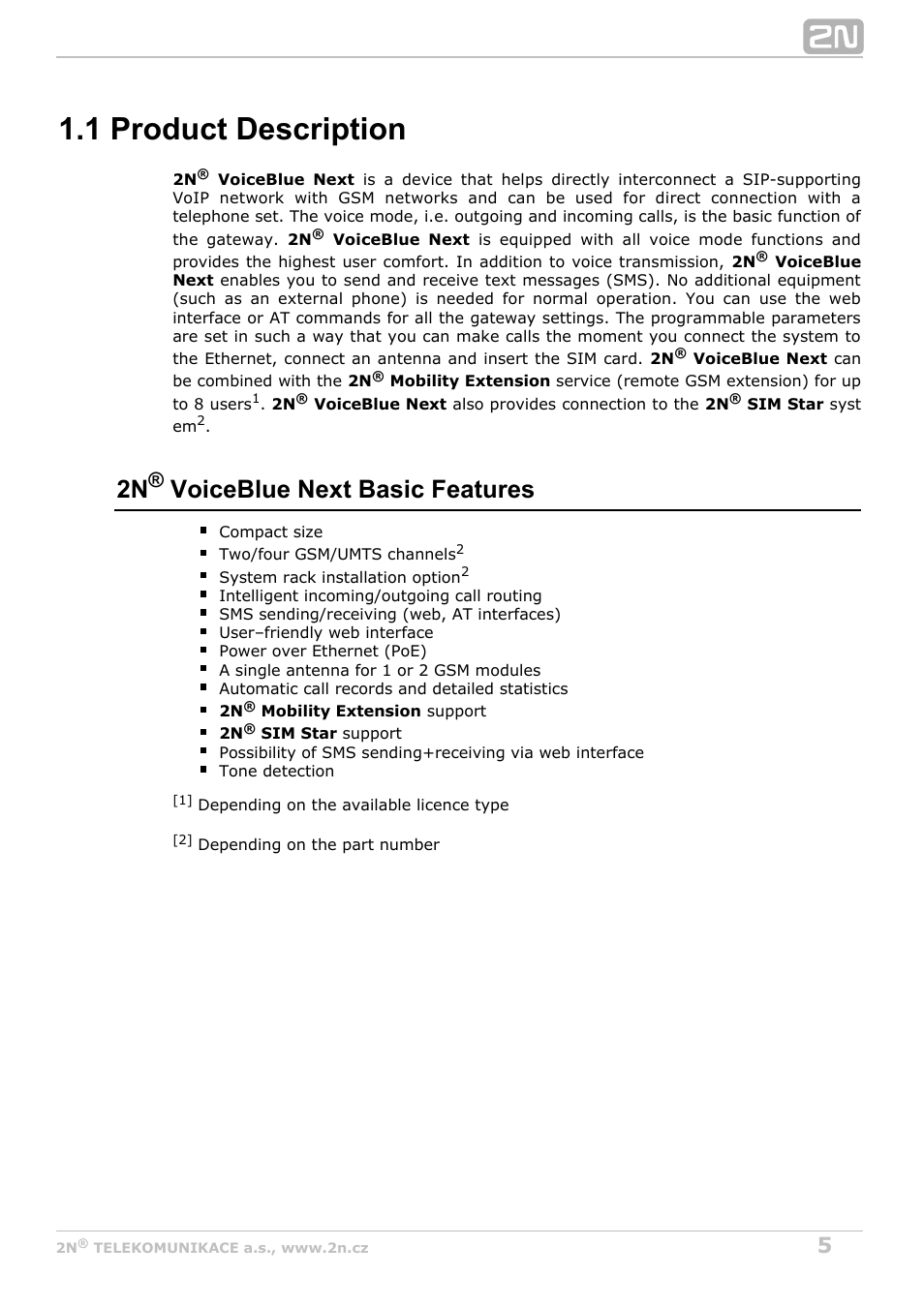 1 product description, 2n voiceblue next basic features | 2N VoiceBlue Next v3.5 User Manual | Page 5 / 108