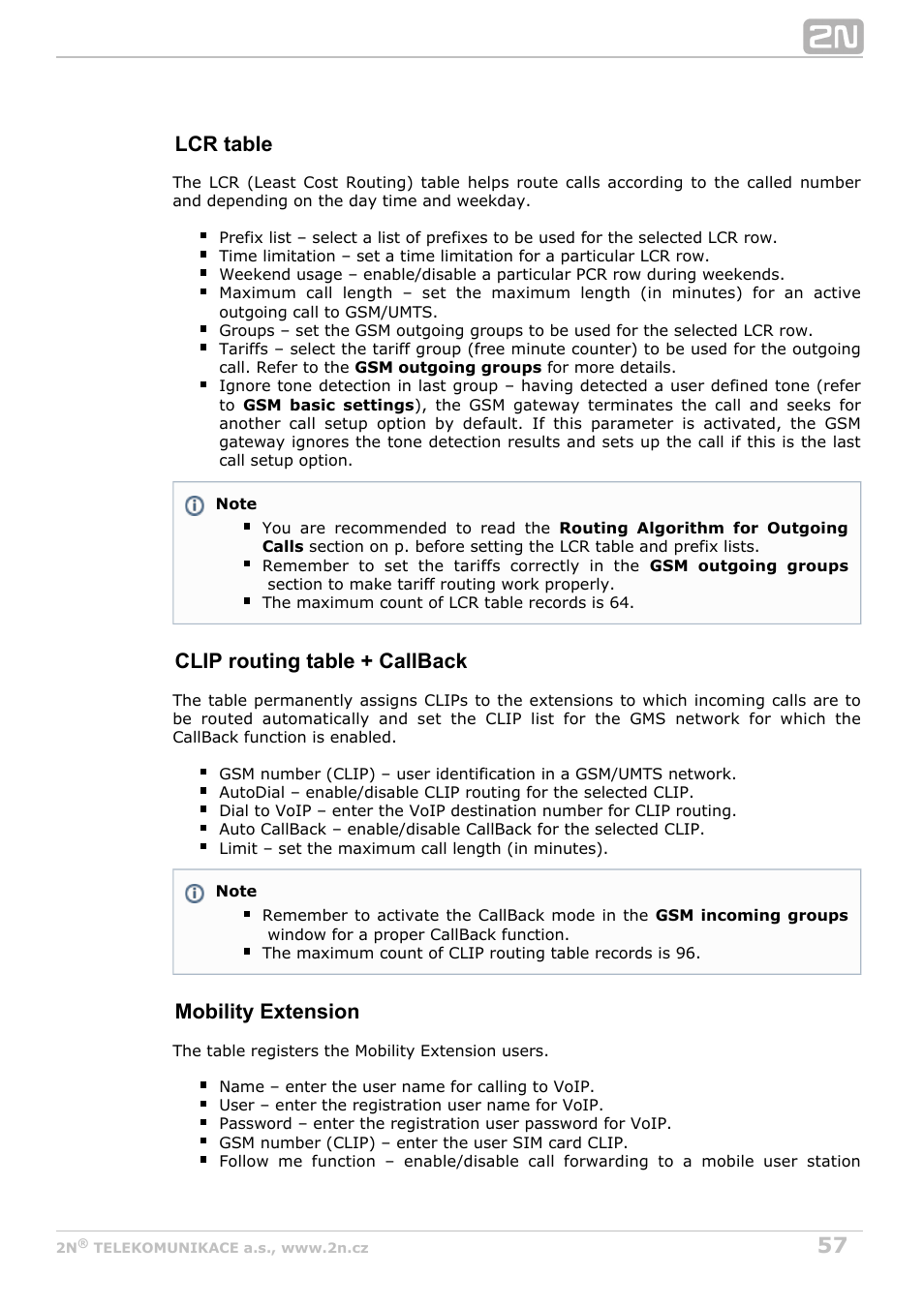 Lcr table, Clip routing table + callback, Mobility extension | 2N VoiceBlue Next v3.5 User Manual | Page 57 / 108