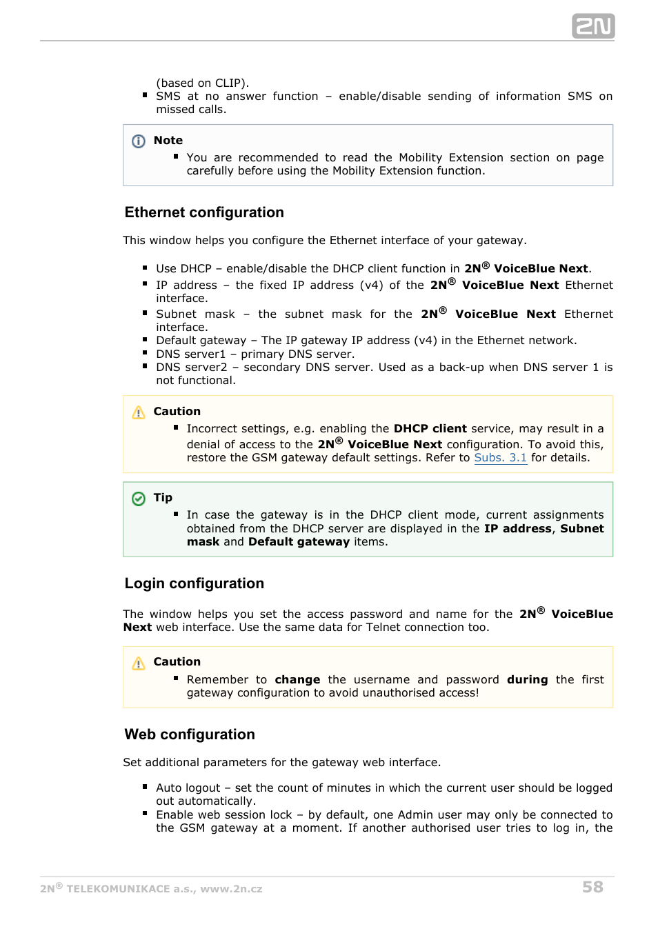 Ethernet configuration, Login configuration, Web configuration | 2N VoiceBlue Next v3.5 User Manual | Page 58 / 108