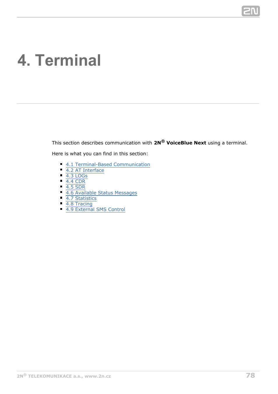 Terminal, The telnet protocol (refer to, S. 4 | 2N VoiceBlue Next v3.5 User Manual | Page 78 / 108