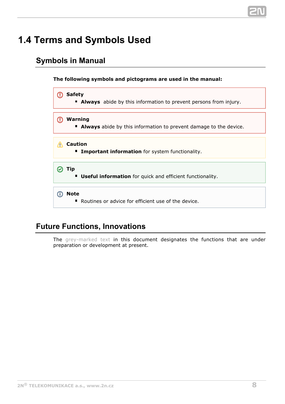 4 terms and symbols used, Symbols in manual, Future functions, innovations | 2N VoiceBlue Next v3.5 User Manual | Page 8 / 108