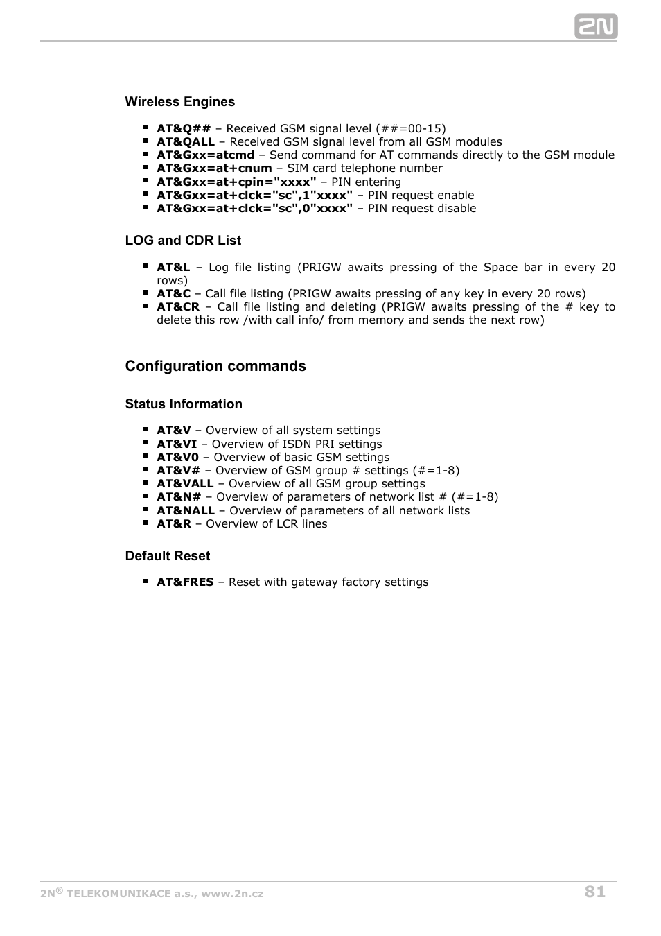 Configuration commands | 2N VoiceBlue Next v3.5 User Manual | Page 81 / 108