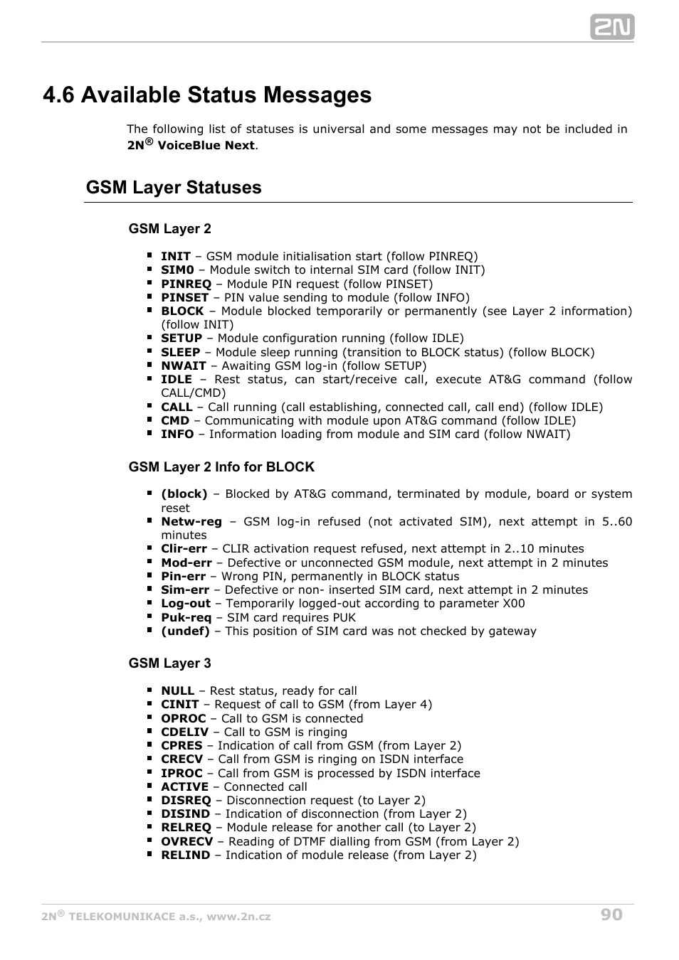 6 available status messages, Subs. 4.5, Gsm layer statuses | 2N VoiceBlue Next v3.5 User Manual | Page 90 / 108