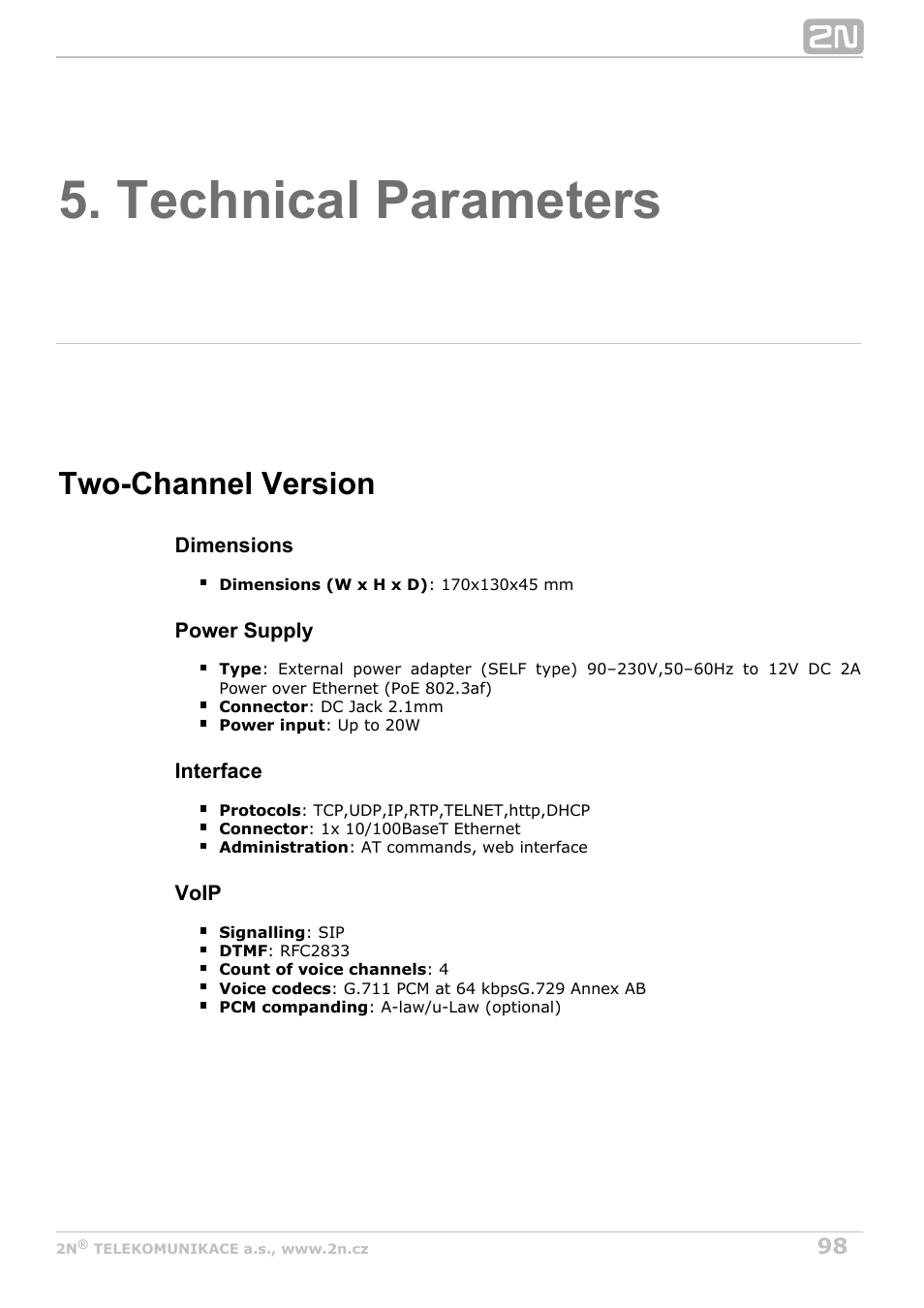 Technical parameters, Two-channel version | 2N VoiceBlue Next v3.5 User Manual | Page 98 / 108