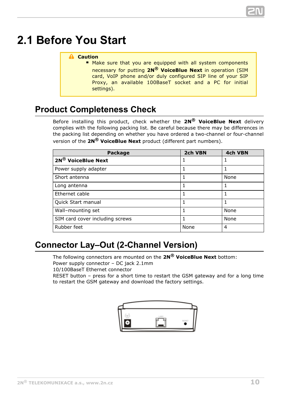 1 before you start, Product completeness check, Connector lay–out (2-channel version) | 2N VoiceBlue Next v3.4 User Manual | Page 10 / 112
