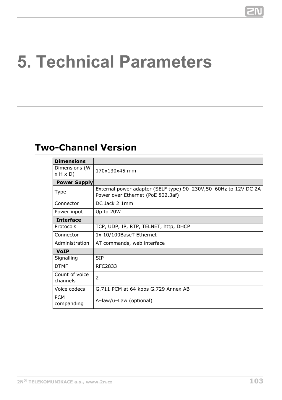 Technical parameters, Two-channel version | 2N VoiceBlue Next v3.4 User Manual | Page 103 / 112