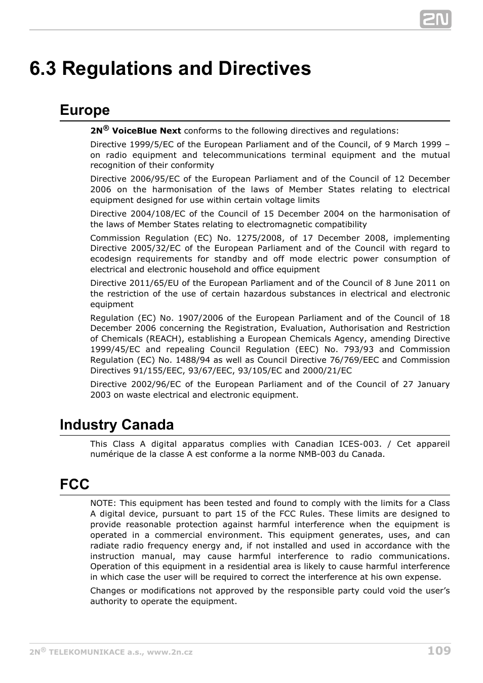 3 regulations and directives, Europe, Industry canada | 2N VoiceBlue Next v3.4 User Manual | Page 109 / 112