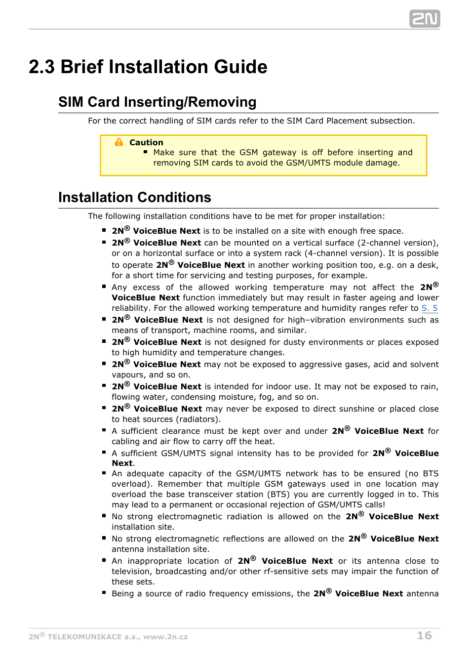 3 brief installation guide, Sim card inserting/removing, Installation conditions | 2N VoiceBlue Next v3.4 User Manual | Page 16 / 112