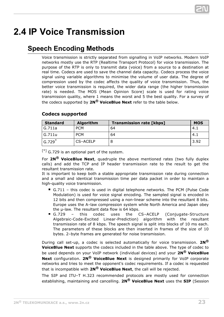 4 ip voice transmission, Speech encoding methods | 2N VoiceBlue Next v3.4 User Manual | Page 23 / 112