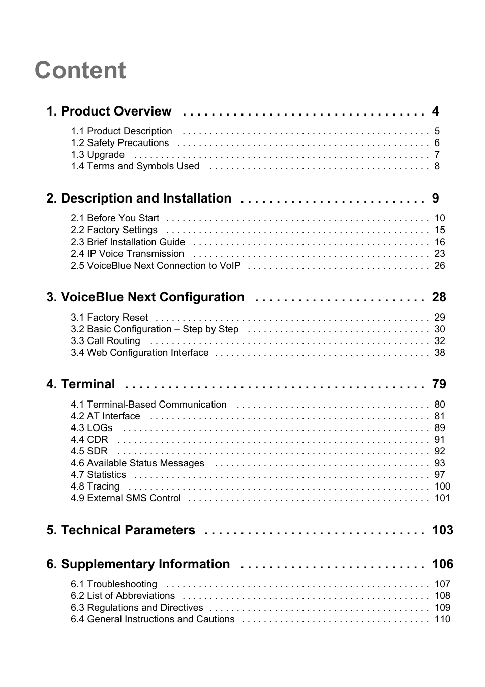 Content, Product overview, Description and installation | Voiceblue next configuration, Terminal, Technical parameters 6. supplementary information | 2N VoiceBlue Next v3.4 User Manual | Page 3 / 112