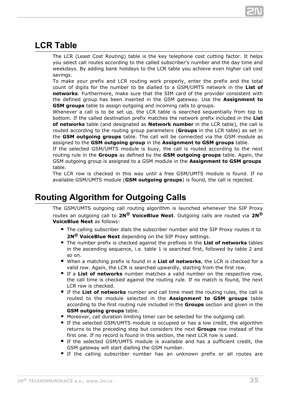 Lcr table, Routing algorithm for outgoing calls | 2N VoiceBlue Next v3.4 User Manual | Page 35 / 112