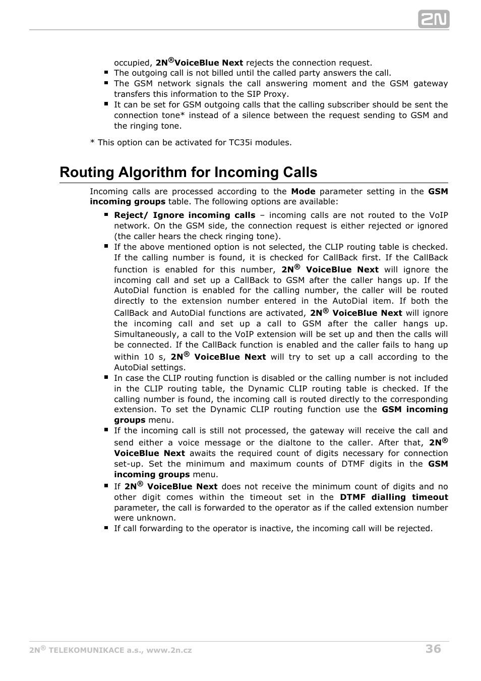 Routing algorithm for incoming calls | 2N VoiceBlue Next v3.4 User Manual | Page 36 / 112