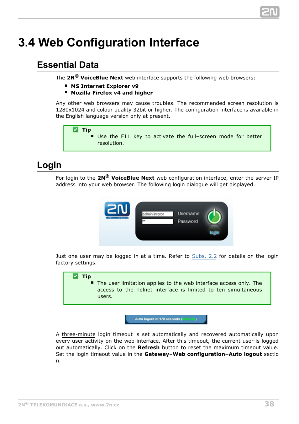 4 web configuration interface, Subs. 3.4, Essential data | Login | 2N VoiceBlue Next v3.4 User Manual | Page 38 / 112