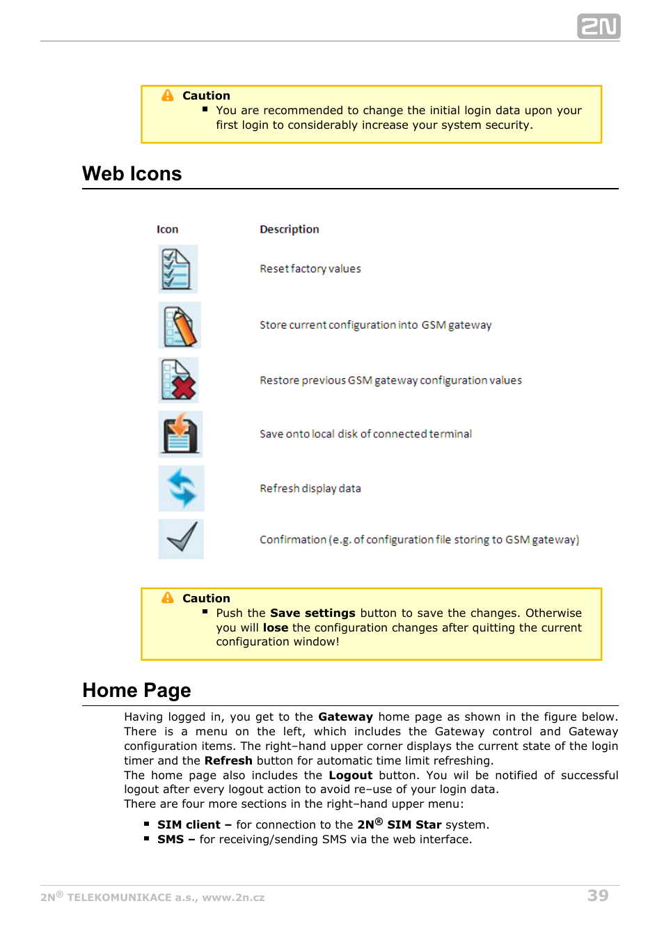 Web icons, Home page | 2N VoiceBlue Next v3.4 User Manual | Page 39 / 112