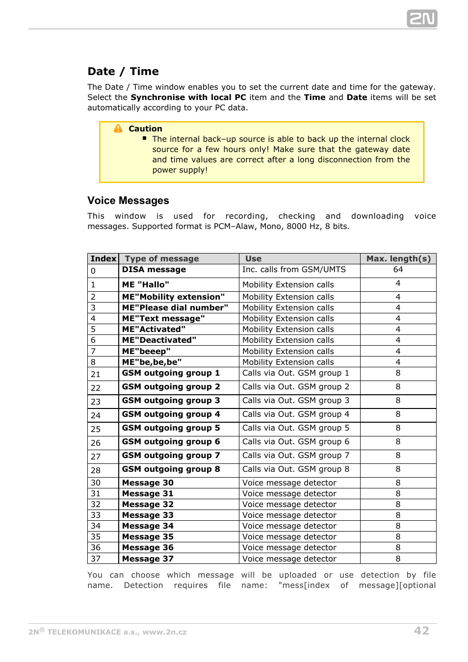 Date / time, Voice messages | 2N VoiceBlue Next v3.4 User Manual | Page 42 / 112