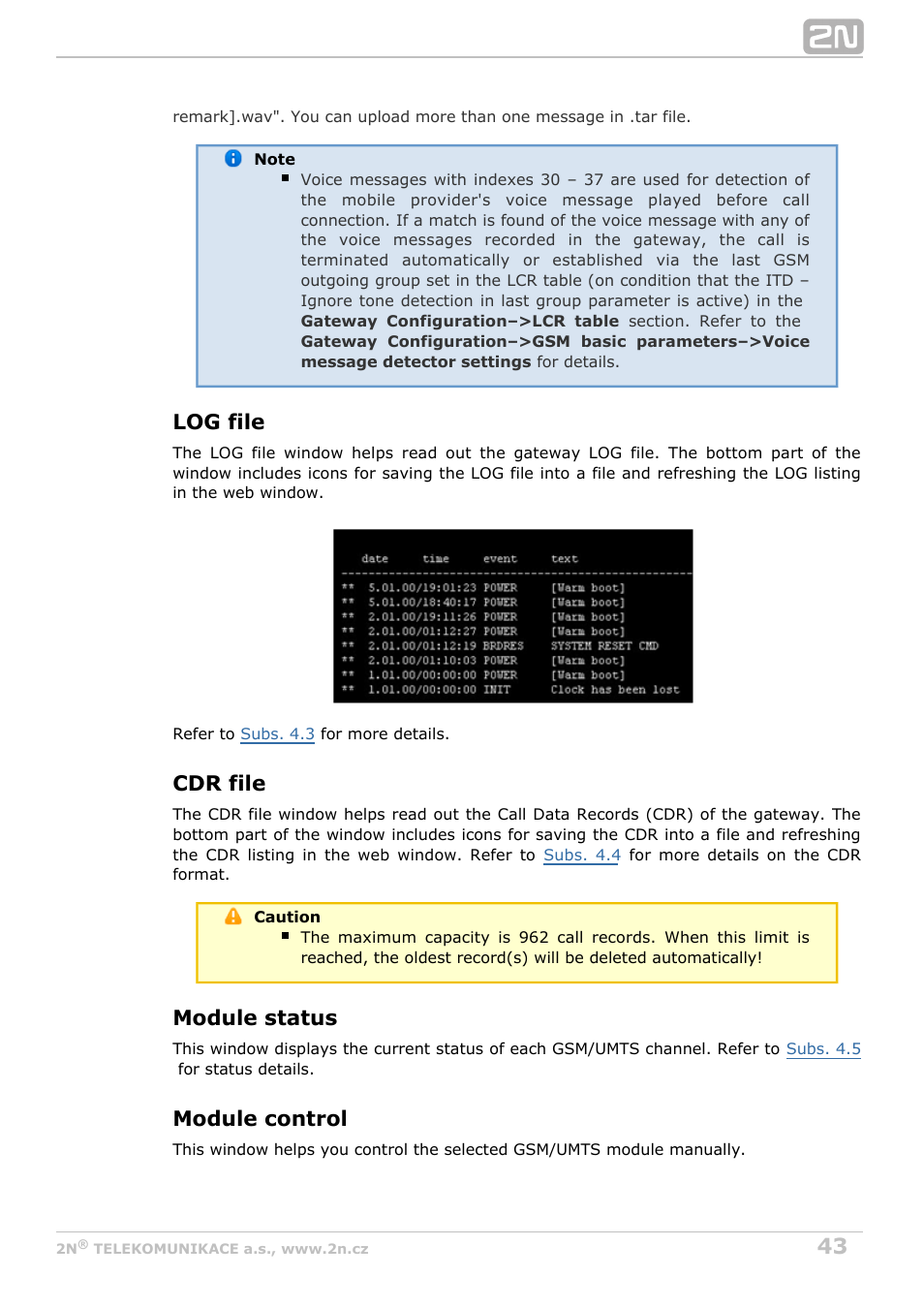 Log file, Cdr file, Module status | Module control | 2N VoiceBlue Next v3.4 User Manual | Page 43 / 112
