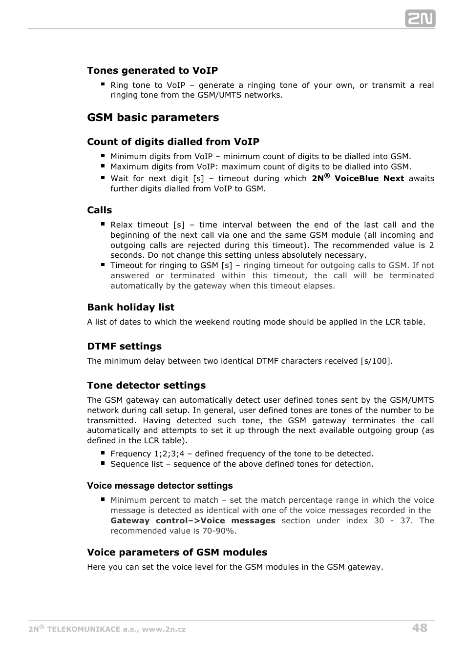 Gsm basic parameters | 2N VoiceBlue Next v3.4 User Manual | Page 48 / 112