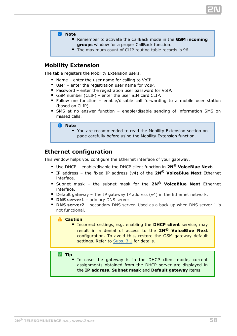 Mobility extension, Ethernet configuration | 2N VoiceBlue Next v3.4 User Manual | Page 58 / 112