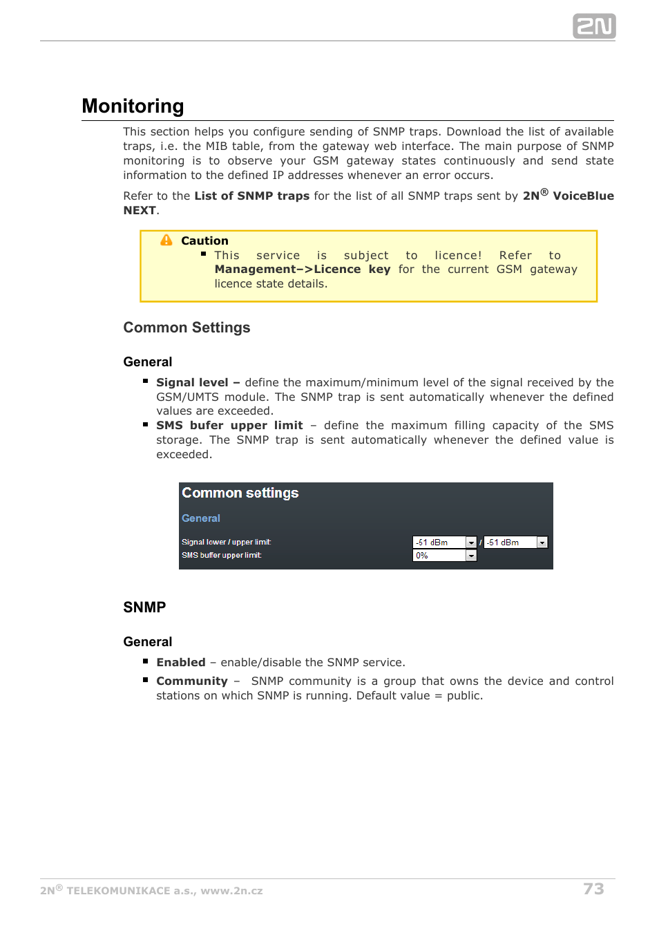 Monitoring, Common settings, Snmp | 2N VoiceBlue Next v3.4 User Manual | Page 73 / 112