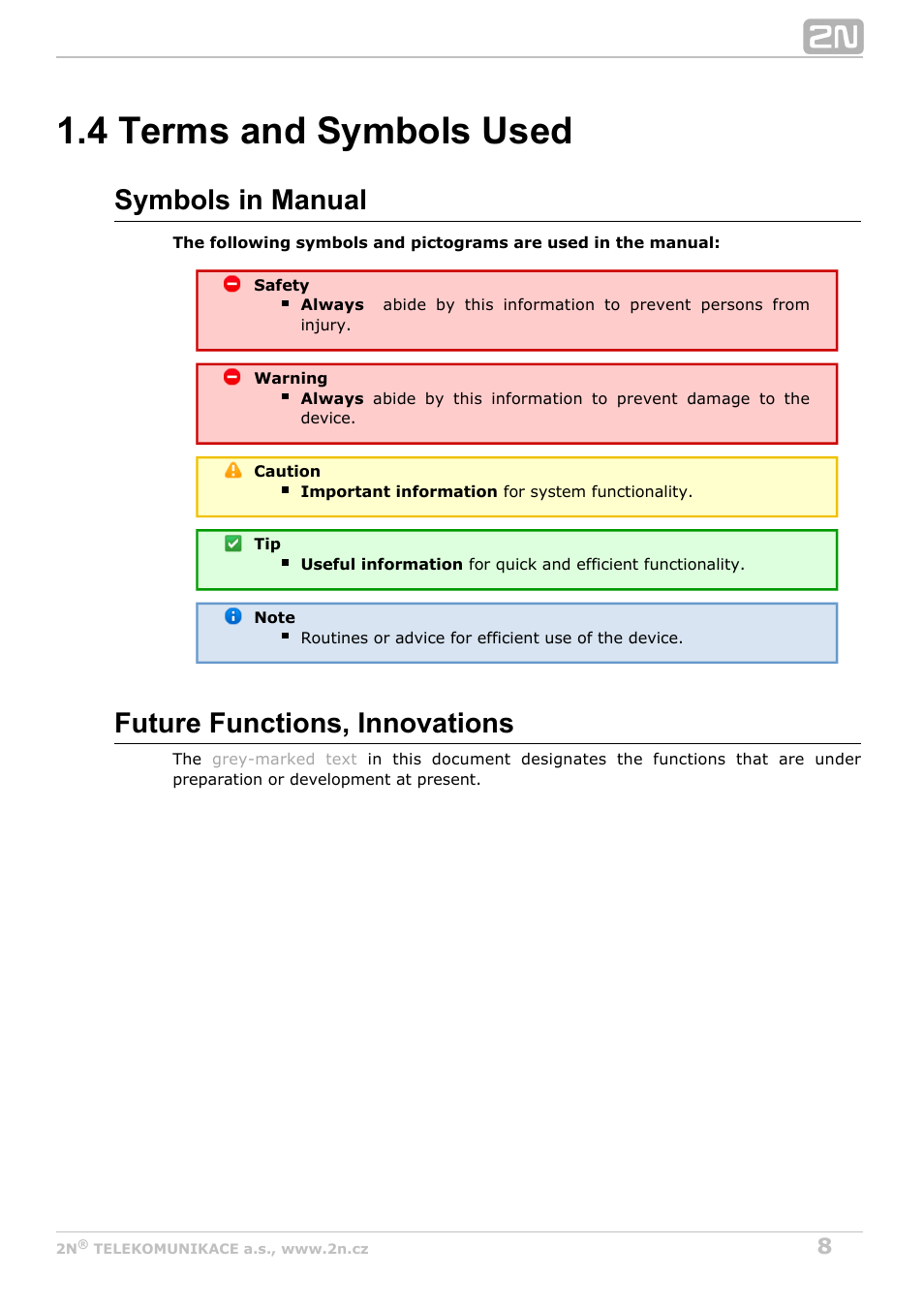4 terms and symbols used, Symbols in manual, Future functions, innovations | 2N VoiceBlue Next v3.4 User Manual | Page 8 / 112
