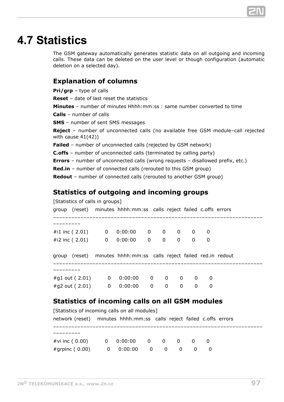7 statistics, Explanation of columns, Statistics of outgoing and incoming groups | Statistics of incoming calls on all gsm modules | 2N VoiceBlue Next v3.4 User Manual | Page 97 / 112