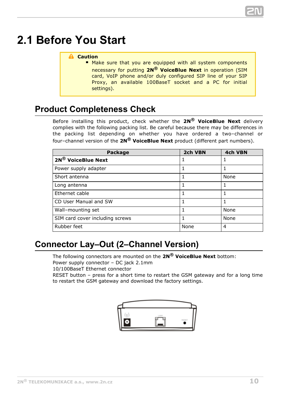 1 before you start, Product completeness check, Connector lay–out (2–channel version) | 2N VoiceBlue Next v3.3 User Manual | Page 10 / 108