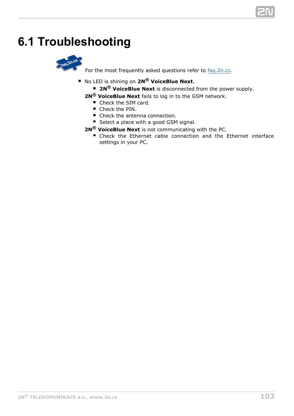 1 troubleshooting | 2N VoiceBlue Next v3.3 User Manual | Page 103 / 108