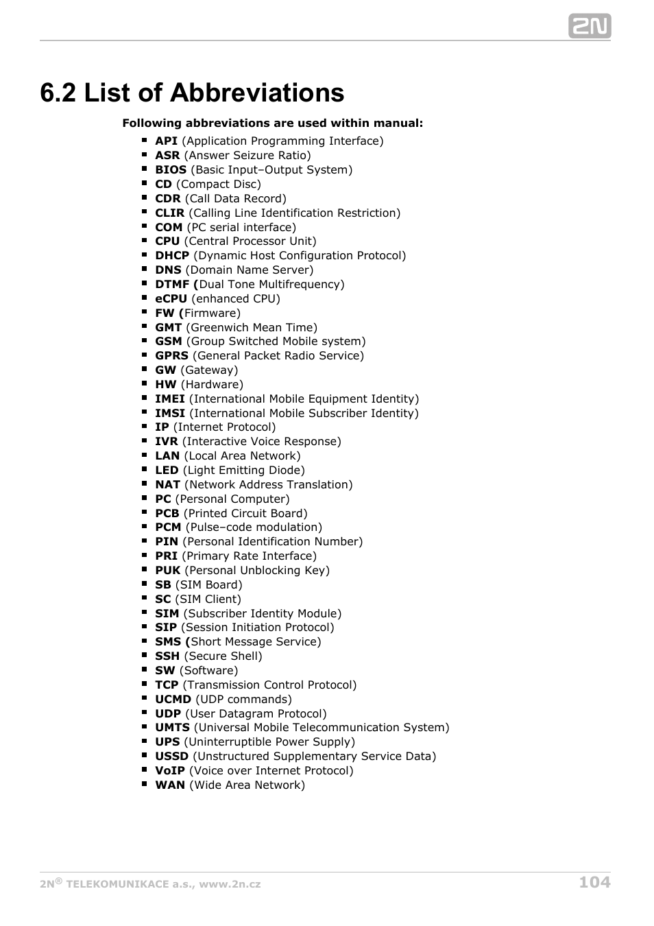 2 list of abbreviations | 2N VoiceBlue Next v3.3 User Manual | Page 104 / 108