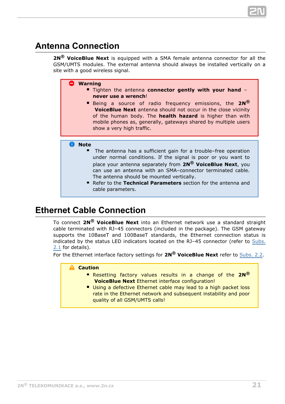 Antenna connection, Ethernet cable connection | 2N VoiceBlue Next v3.3 User Manual | Page 21 / 108