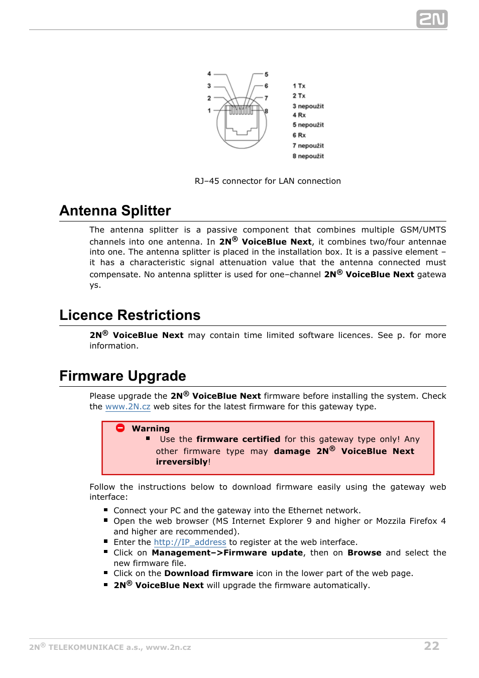 Antenna splitter, Licence restrictions, Firmware upgrade | 2N VoiceBlue Next v3.3 User Manual | Page 22 / 108