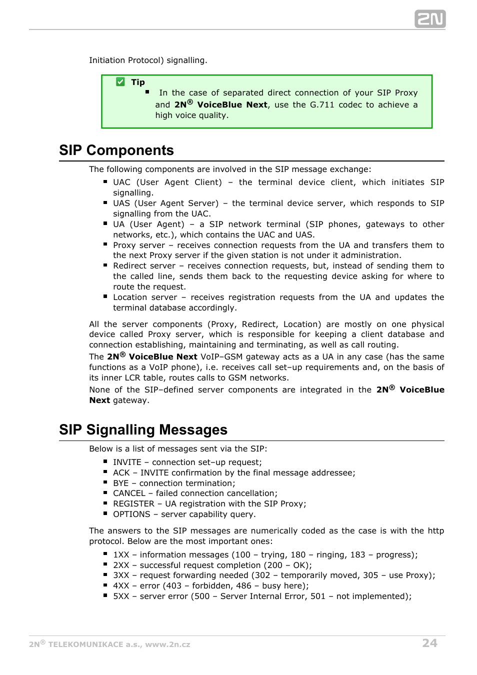 Sip components, Sip signalling messages | 2N VoiceBlue Next v3.3 User Manual | Page 24 / 108