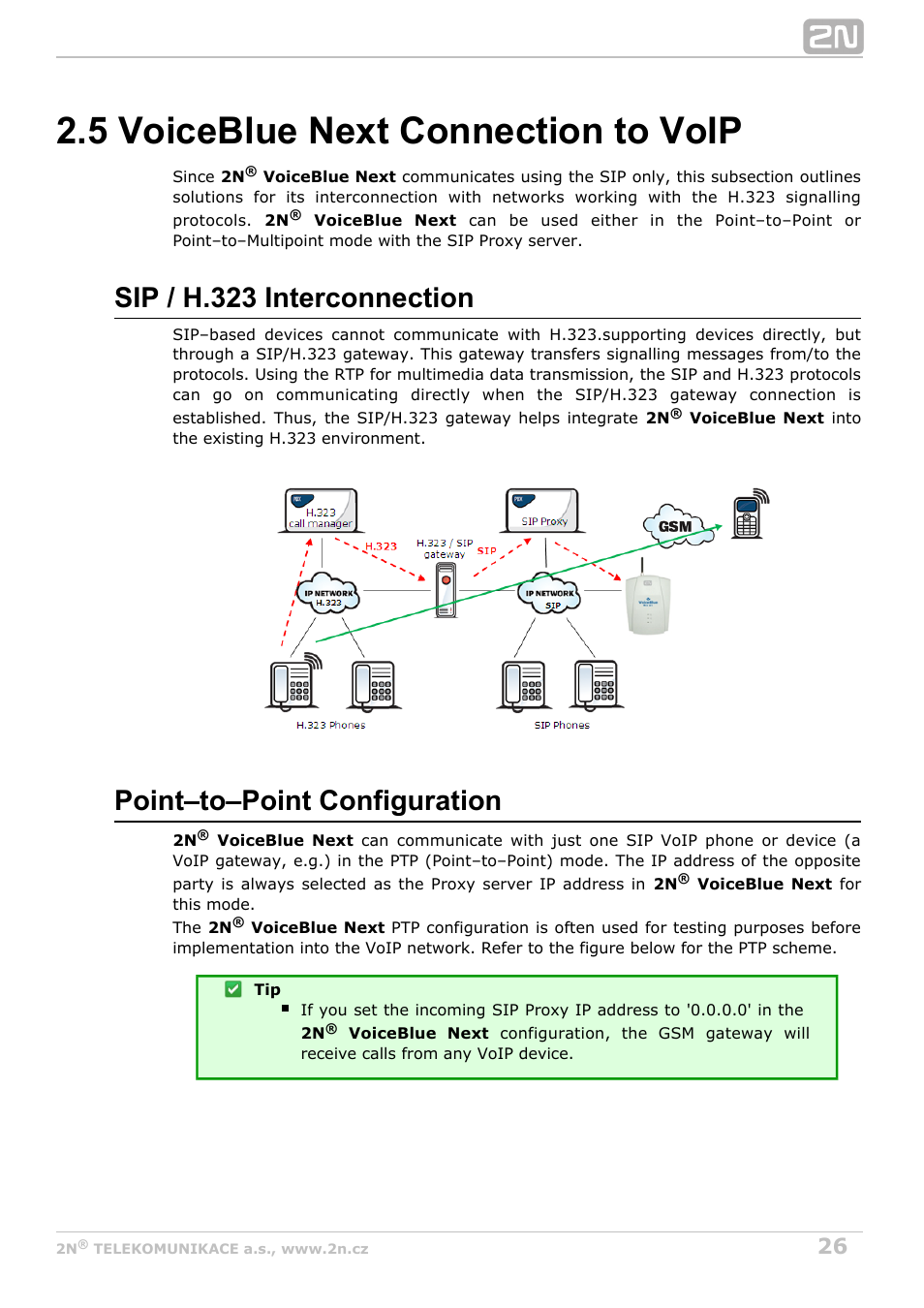 5 voiceblue next connection to voip, Sip / h.323 interconnection, Point–to–point configuration | 2N VoiceBlue Next v3.3 User Manual | Page 26 / 108