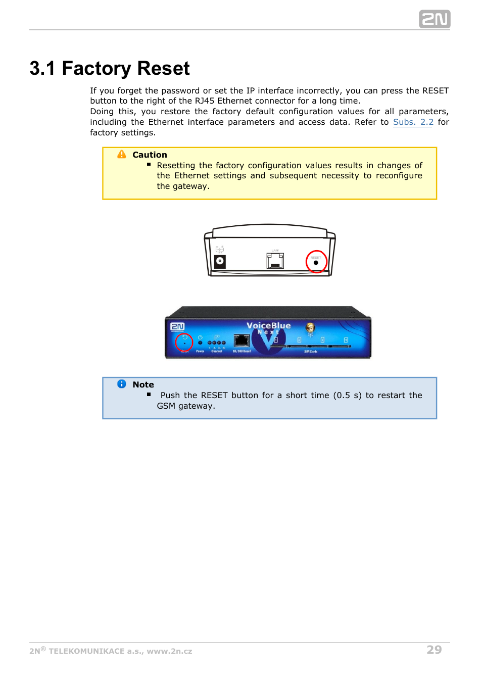 1 factory reset | 2N VoiceBlue Next v3.3 User Manual | Page 29 / 108