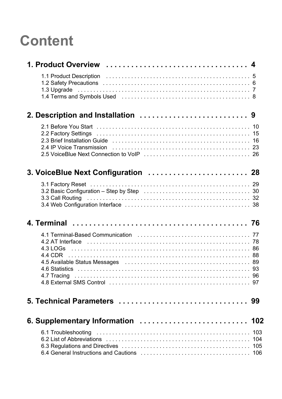 Content, Product overview, Description and installation | Voiceblue next configuration, Terminal, Technical parameters 6. supplementary information | 2N VoiceBlue Next v3.3 User Manual | Page 3 / 108