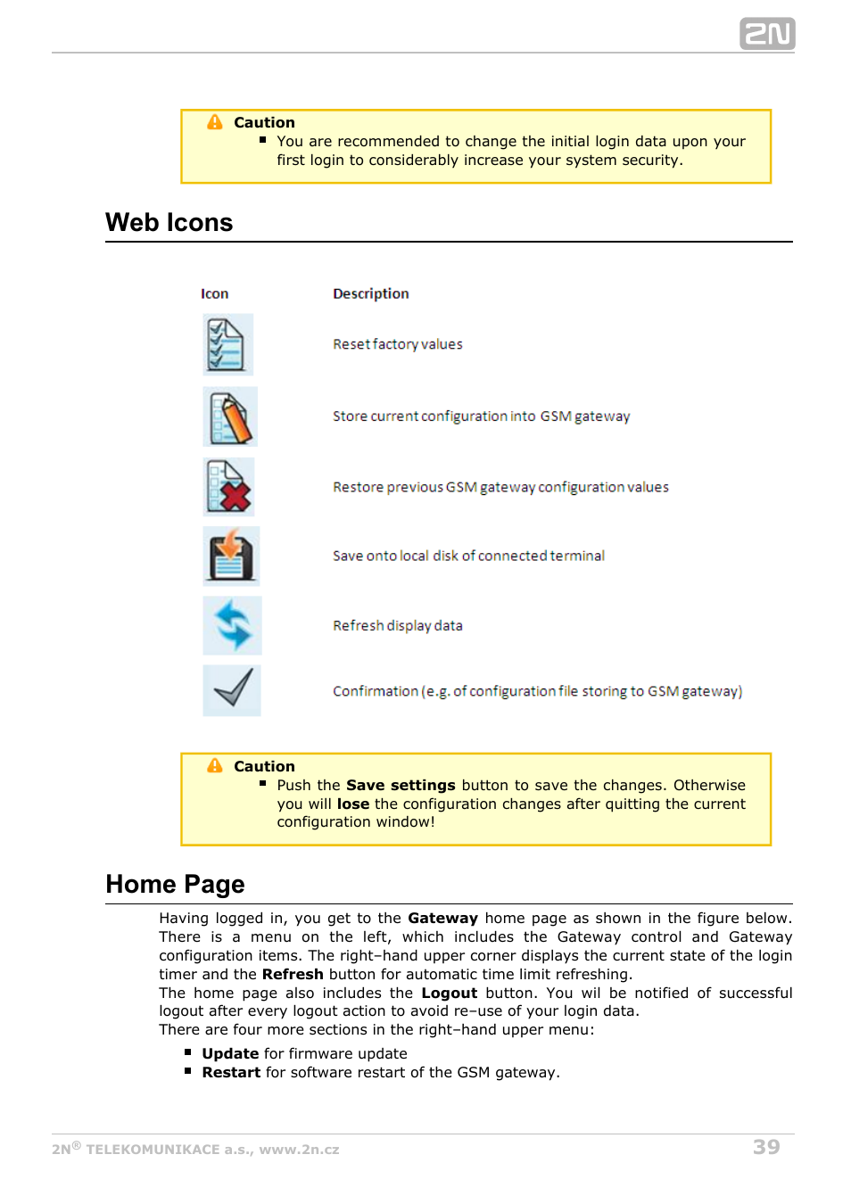 Web icons, Home page | 2N VoiceBlue Next v3.3 User Manual | Page 39 / 108